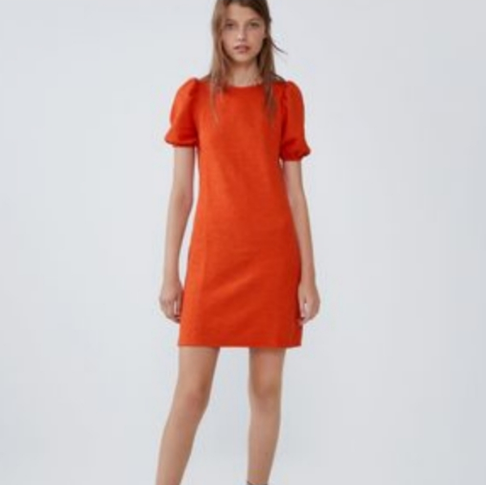 🌷ZARA • Orange Tweed-effect Short Puff Sleeve A-Line Shift Dress NWT